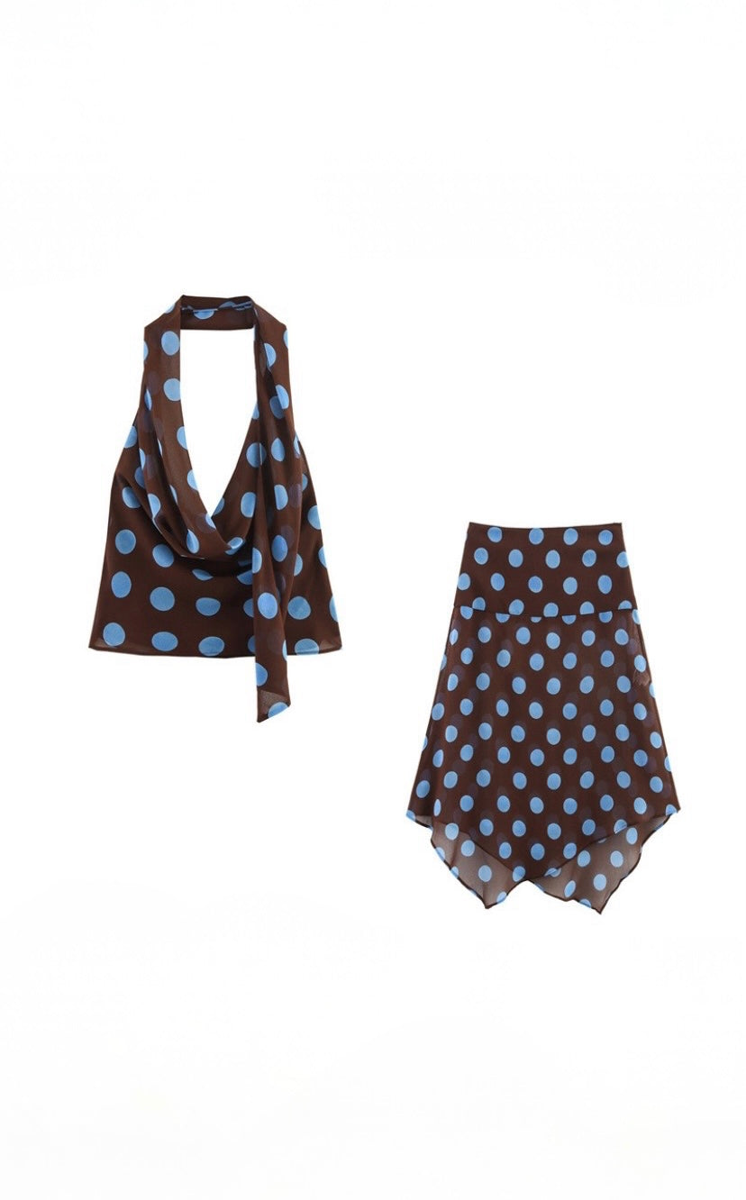 Brown Polka Dot Halter Two-Piece Set