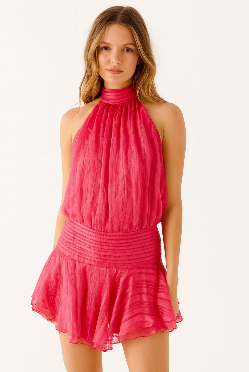 Open-back Halter mini with wavy hem