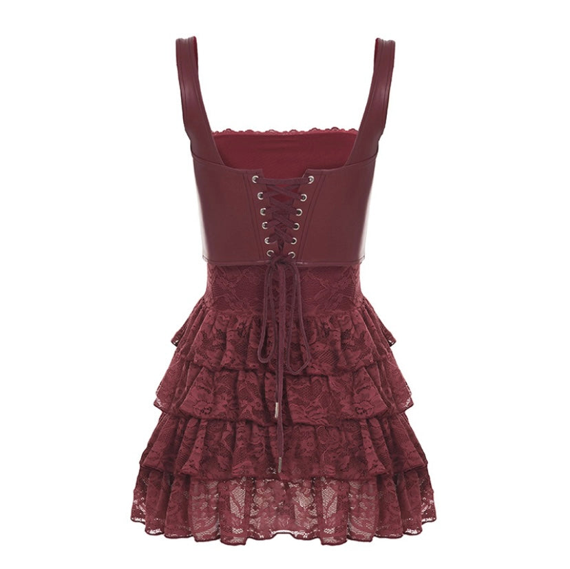 Lace Me Up Corset Mini Dress Two Piece – Burgundy