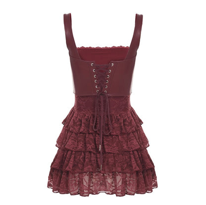 Lace Me Up Corset Mini Dress Two Piece – Burgundy