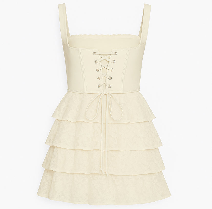 Lace Me Up Corset Mini Dress Two Piece – Beige