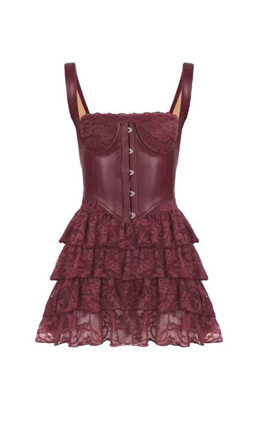 Lace Me Up Corset Mini Dress Two Piece – Burgundy