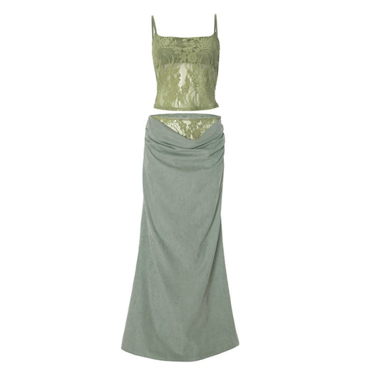 Sheer Lace Cami & Draped Maxi Skirt