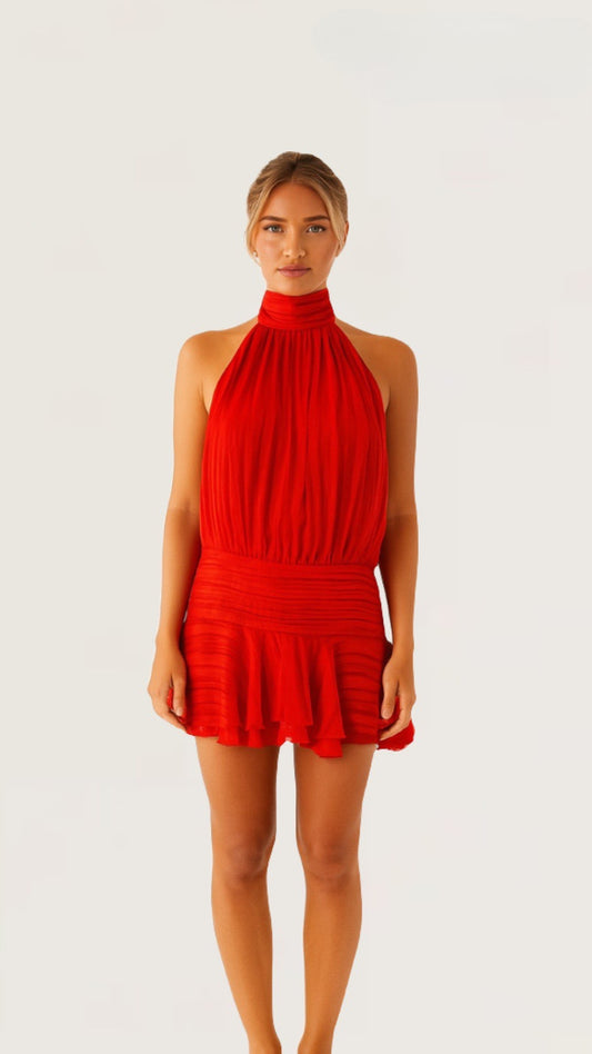 Open-back Halter mini with wavy hem