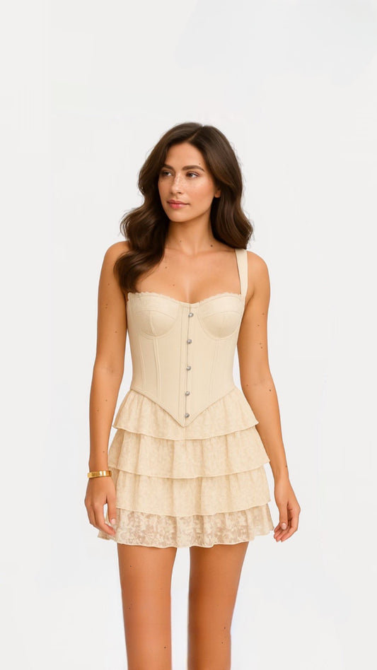 Lace Me Up Corset Mini Dress Two Piece – Beige