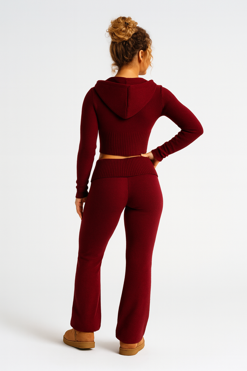 Ribbed Knit Zip-Up Hoodie and Flared Lounge Pants Set