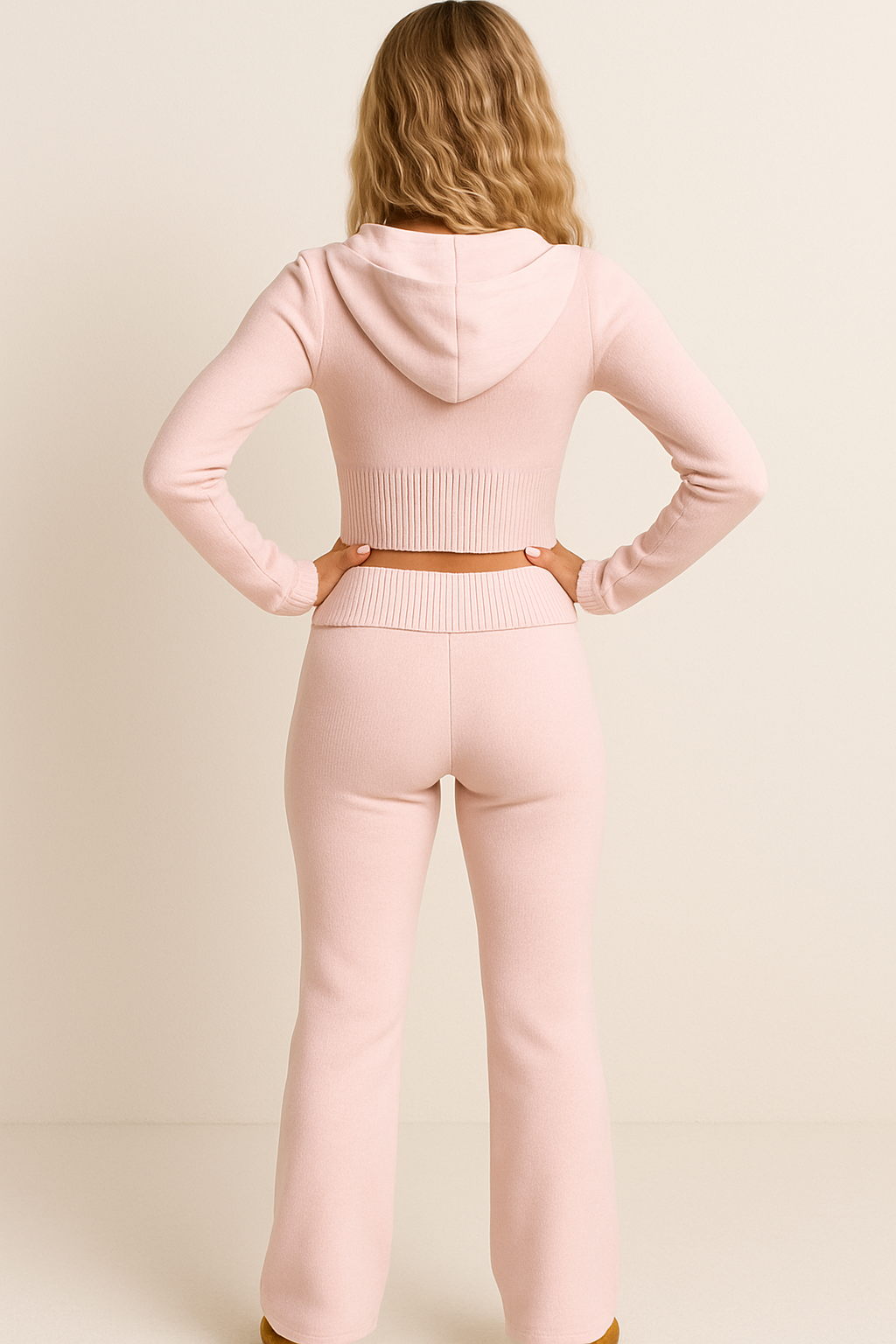 Ribbed Knit Zip-Up Hoodie and Flared Lounge Pants Set