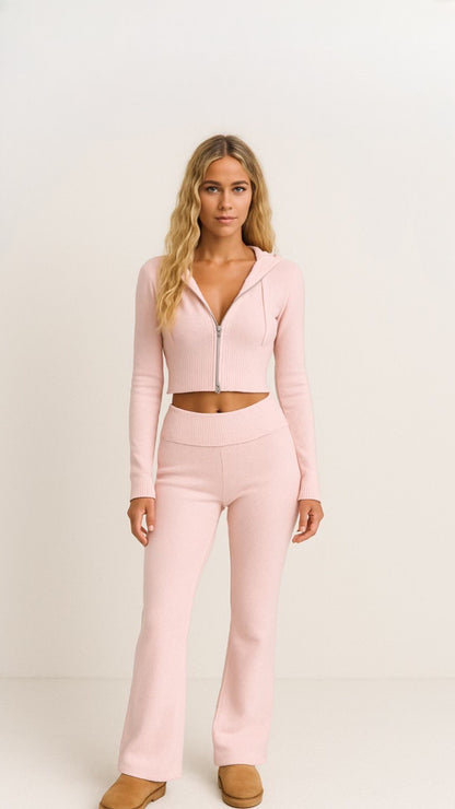 Ribbed Knit Zip-Up Hoodie and Flared Lounge Pants Set