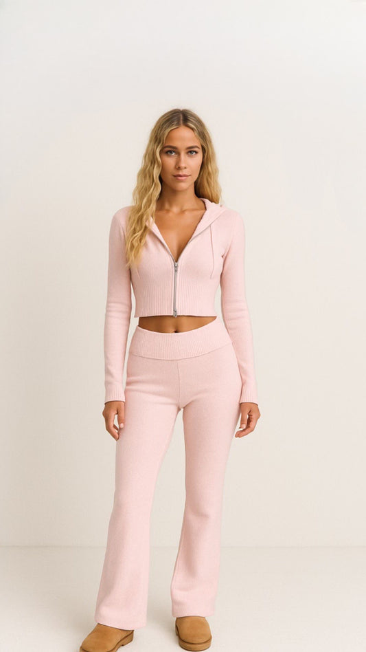Ribbed Knit Zip-Up Hoodie and Flared Lounge Pants Set