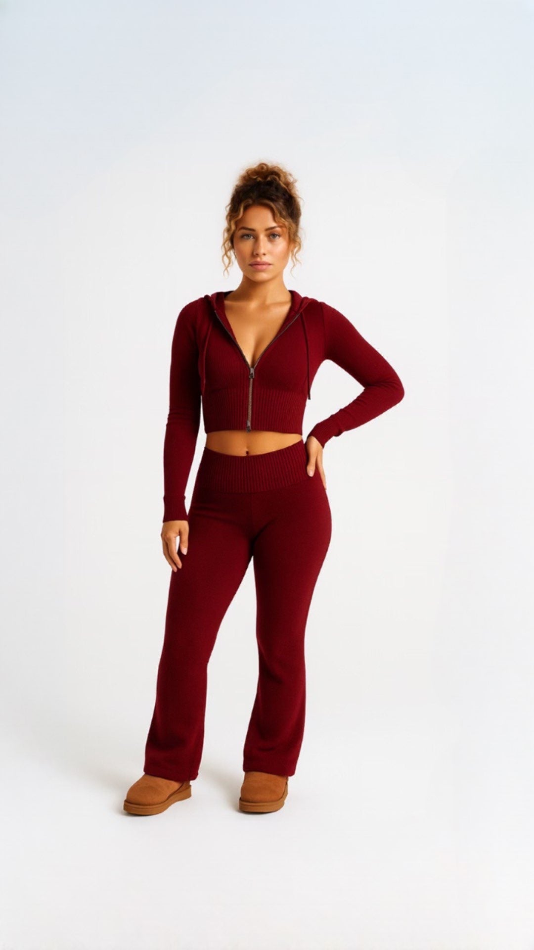 Ribbed Knit Zip-Up Hoodie and Flared Lounge Pants Set