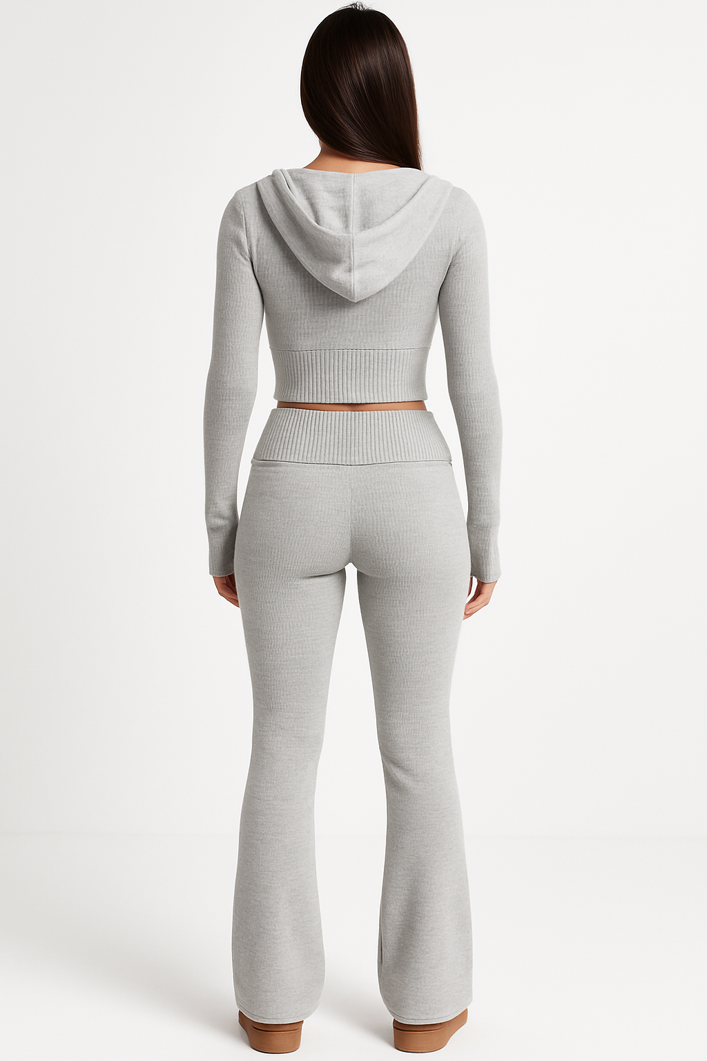 Ribbed Knit Zip-Up Hoodie and Flared Lounge Pants Set