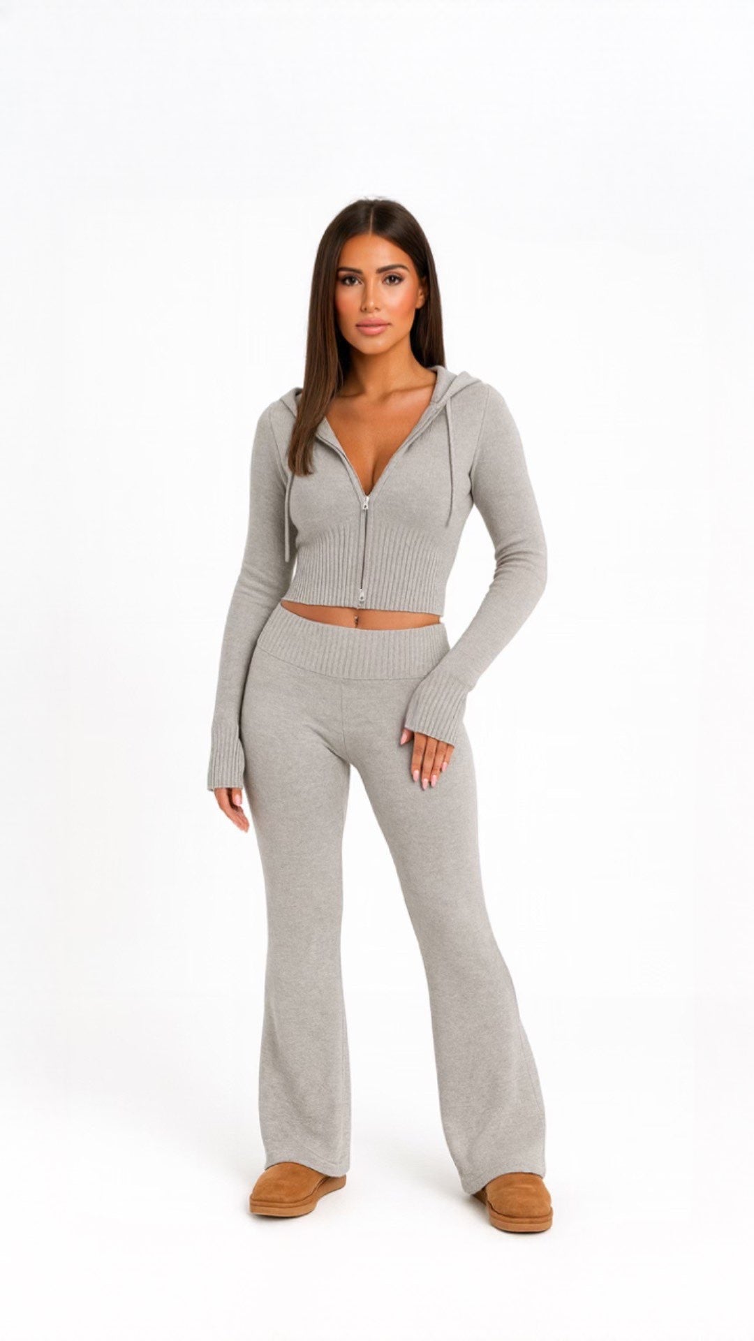 Ribbed Knit Zip-Up Hoodie and Flared Lounge Pants Set