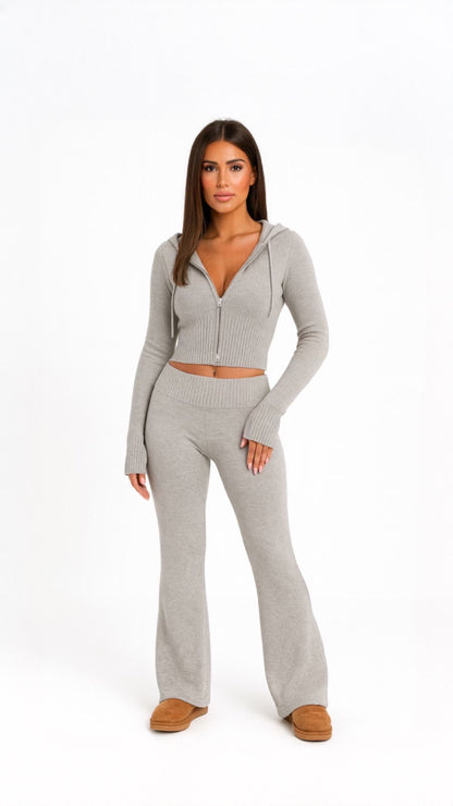 Ribbed Knit Zip-Up Hoodie and Flared Lounge Pants Set