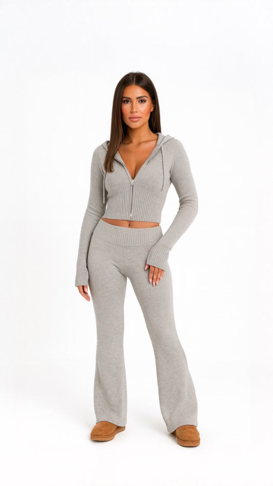Ribbed Knit Zip-Up Hoodie and Flared Lounge Pants Set